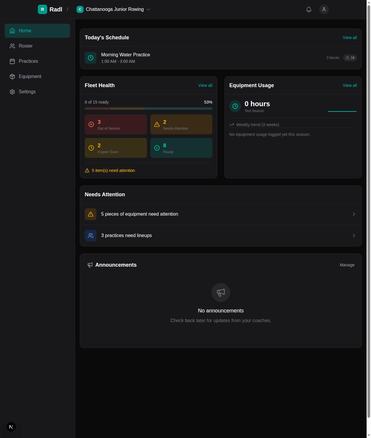 Radl dashboard — lineups, practices, and fleet at a glance